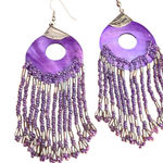 Vintage Purple Dyed Shell Dangle Earrings Silver Tone Boho 4.5" Estate Fringe Photo 0