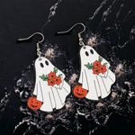 White Ghost Pumpkin Pattern Dangle Halloween‎ Earrings Wooden Jewelry Photo 5