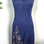 Vintage Depeche Mode Blue Linen Blend Slip Dress Embroidered Flowers Size 8P Photo 0