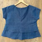 CO Indigo Denim Chambray Linen Blend Dolman Sleeve Tiered Top in Dark Blue Small Photo 6