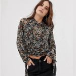 Free People All Dolled Up Mesh Long Sleeve Cropped Floral Top Blouse Green Small Photo 13
