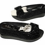 Helens Heart Wedge Sandal Womens 8 Black Open Toe Sparkle Bling Crystal Bow Glam Photo 0