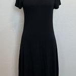 Chico's 0 US Small 4 Essential Tee Dress Asymmetrical Hem Black Midi Shift V-Neck Photo 3