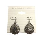 Fine Silver Plated Teardrop Dangle Earrings with Floral Design Photo 0