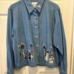 Christopher & Banks  Denim Button Down‎ Top XL Snowman Winter Holiday Party Photo 0