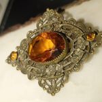 Antique Victorian Brass Filigree Brooch Yellow Orange Amber Colored Glass Photo 3