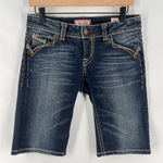 MEK Jodhpur Bermuda Size 27 Stretch Dark Wash Denim Whiskered Faded Shorts Blue Photo 0