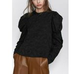 ZARA  Black Floral Textured Ruched Puff Long Sleeve Crew Neck Blouse Top Size S Photo 0