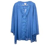 Catherines Blue Metallic Semi Sheer Chiffon Y Neck Button Blouse Size 4X Photo 1