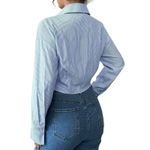 NWT ~ Sexy Blue & White Pinstripe Crop Long Sleeve Ruched Front Blouse ~ LARGE Photo 1