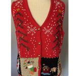 VTG Lisa International Sz PM Ugly Christmas Sweater Vest Real Jingle Bells Snow Red Photo 0