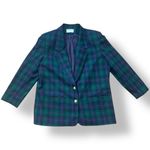 Vintage 90s Petite Green Navy Blue Plaid Wool Blazer Jacket Gold Buttons Preppy Size 16P Photo 3