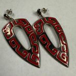 Retro Red and Silver Color Metal Dangle Earrings Pierced Post Aztec Tribal Photo 8
