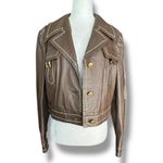 Vintage Danaya Cropped Brown Leather Jacket Cream Stitching Small Gold Buttons Photo 3