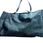 Tommy Hilfiger  Large Canvas Tote Bag Black On Black FauxLeather Straps 18X11X5 Photo 4