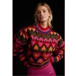 Farm Rio  Full Of Hearts Jacquard Sweater Rainbow Wool Blend Juliet Sleeves XS Photo 1