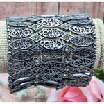 None Wide Stretch Bracelet Black Gun Metal Statement Filigree & Rhinestones One Size Photo 4