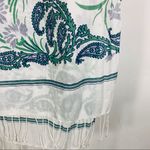 White Blue Green Paisley Border Scarf Fringe Photo 4