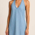 Tommy Bahama Blue Chambray Fringe Trim Halter Midi Dress XS Coastal Beach Preppy Photo 0