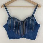 Haute Monde Y2K Vibes Blue Denim Cowgirl Western Rhinestone Fringe Crop Bustier Tank Top Photo 1