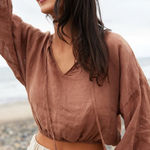Bella Dahl  Linen Tie Front Peasant‎ Top Terracotta Brown Size M Photo 0