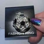 Ladies Black With Clear Rhinestone Soccer Stretch Ring Photo 0