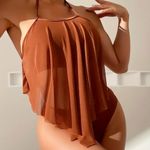 Caramel Solid Color Two Piece Bikini Sets Swimsuit, Halter Neck High Waist Size M Photo 5