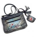 Anuschka  Medium Crossbody Cardinal Bird Double Zip Pocket Painted Signed Artwork Photo 0