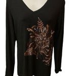 CAbi Black Long Sleeve Stretchy Top Brown Silver Floral Applique Large Style 247 Photo 0