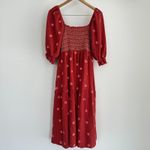 Floral Embroidered Smocked Nap Dress S/M Rust Smocked Gauze Puff Sleeve Cottage Orange Photo 6