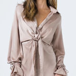 Princess Polly Size 6 Tie-front Shirt Mini Dress Silky Beige Baddie Photo 0