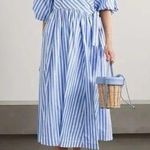 Staud Jodie Midi Wrap Dress Sea Stripe Size Small Bridal Wedding Guest Picnic Blue Photo 0