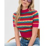 Mother The Mock 10 Laser Beam Striped Short Sleeve Sweater Pink Size XS Photo 0