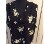 Elodie Large Black floral Button up blouse Womens L V Neck Photo 0