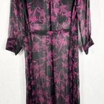 Vince Camuto XS Dress Semi Sheer Purple Black Floral Midi Button Down Belted 484 Photo 1