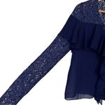 Nicole Miller  Atelier Navy Blue Silk Blouse size Small Lace Trim Long Sleeves Photo 5
