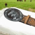 Vintage Style Twin Horses Embossed PU Leather Belt Casual Accessory Size L Tan Size L Photo 7