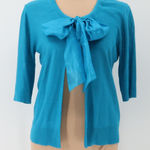 DKNY Silk Bow Cardigan Sweater Womens Coquette Twee Preppy Office Turquoise P/S Photo 0
