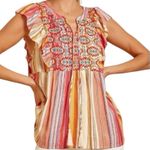 Savanna Jane Daria Aztec Embroidered Colorful Striped Woven Top Size Large Pink Photo 0