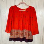 Maeve  Anthropologie Rila Bordered 3/4-Sleeve Top in Red Motif, Size 10 Photo 2