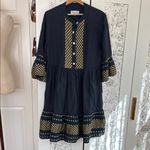 Haris Cotton 100% linen bell sleeve metallic detail midi dress Blue Photo 1