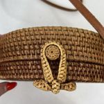 Wicker Crossbody Bag Natural Rattan Round With Canvas Lining Leather Strap Photo 3