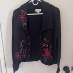VTG Norm Thompson Knit Cardigan Sweater Christmas Poinsettia Cardinal Med Petite Black Photo 4