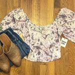 Open Edit  Women’s XS New Purple White Tie Dye Tie Front Puff Sleeve Blouse Photo 0