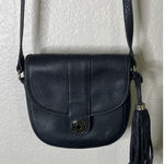 Isaac Mizrahi  Black Leather Handbag Crossbody‎ Shoulder Purse Tassel Preppy Photo 0