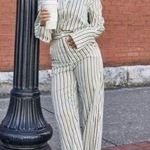 Kittenish ivory green and brown striped wide leg satin pants size small Photo 0