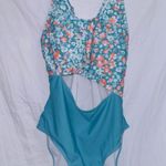 Pink Lily  Blue Floral Print Cut Out One Piece Bathing Suit size medium Photo 0