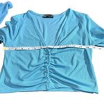 ZARA  Women Small Crop Top Blue Ribbed Knit Ruched Button Cardigan Shirt Photo 2