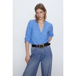 ZARA  100%‎ Linen Button-Up Shirt Blue Medium EUC Photo 6