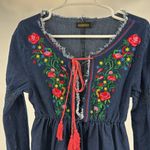 Reborn Denim Blue mini Dress embroidered Floral bell Sleeve tunic raw hem boho L Size L Photo 6